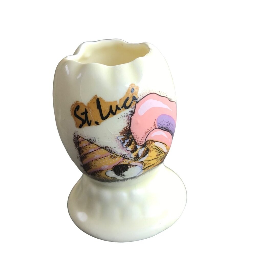 St. Lucia Souvenir Egg Cup Ceramic Seashells White